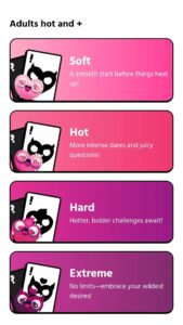 Screenshot of the different heat levels of the challenges in the game app for couples